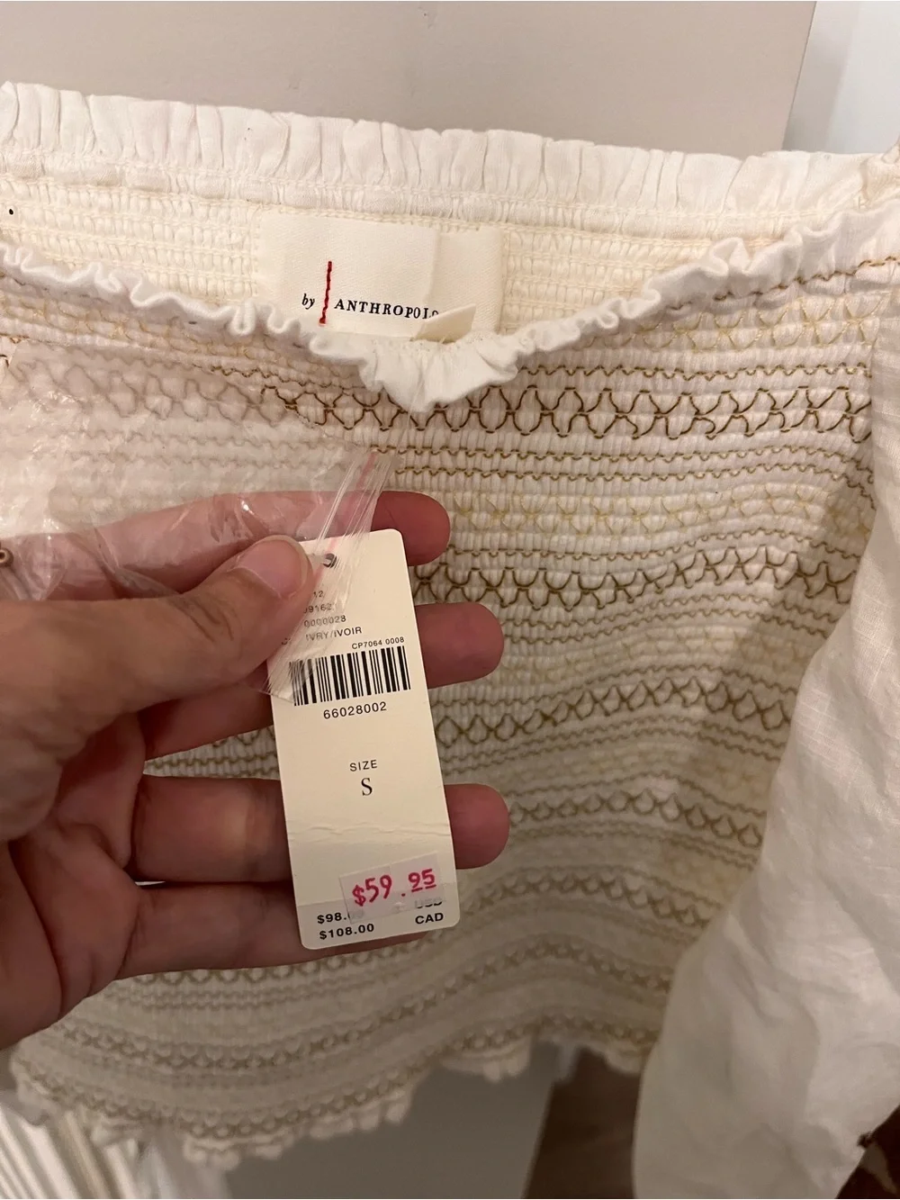 Anthropologie Cream White Embroidered Puff-Sleeve Peasant Blouse